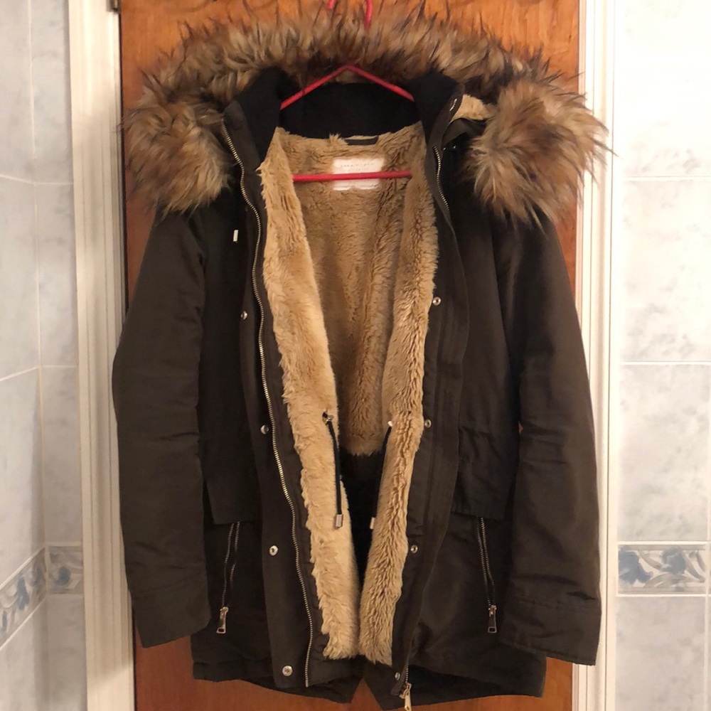 Zara olive green fur hood coat jacket